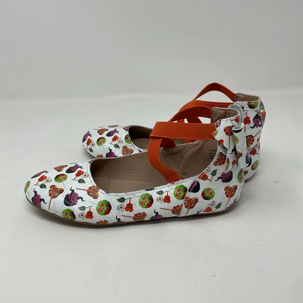 Monkey Feet Halloween Leather Ballet Flats Orange Elastic Straps Bows Size 37